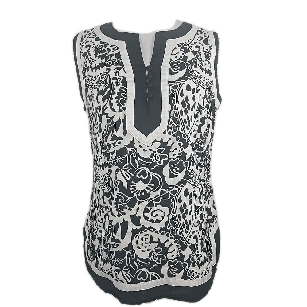 Saint Tropez West 100% Linen Black White Floral Tunic Top Medium Resort Wear M